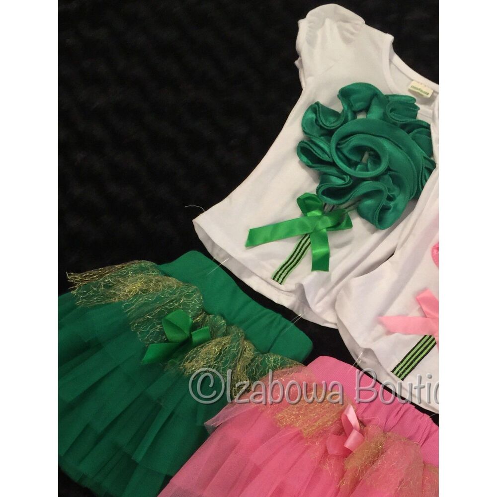 Green Satin Flower 2 Piece Top Tulle Skirt  GF2PC2T  2T  (I)  NWT Boutique